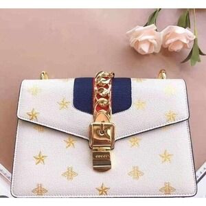 Authenticated‎ Gucci Small Bee Star Sylvie Crossbody White Calf Leather Bag